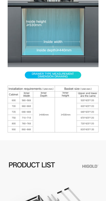 HIGOLD 600mm Kitchen Cabinet Basket Pull Drawer 800mm / 900mm 304 Stainless Steel Dish Storage Rack Combination Packages