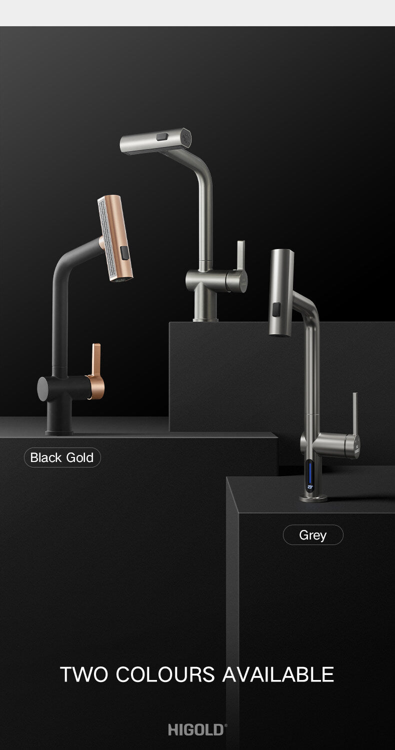 HIGOLD Waterfall Faucet 304 Stainless Steel Swivel Pull Out Rainscreen Rainfall Faucet Multi-Function Hot and Cold Water Faucet