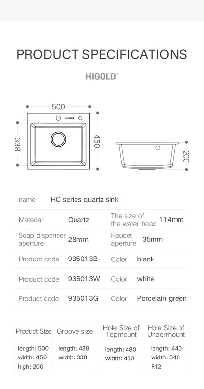 HIGOLD 400mm/500mm Kitchen Sink Quartz Square Sink Topmount Undermount Two Installation method or Kitchen Bar Sink