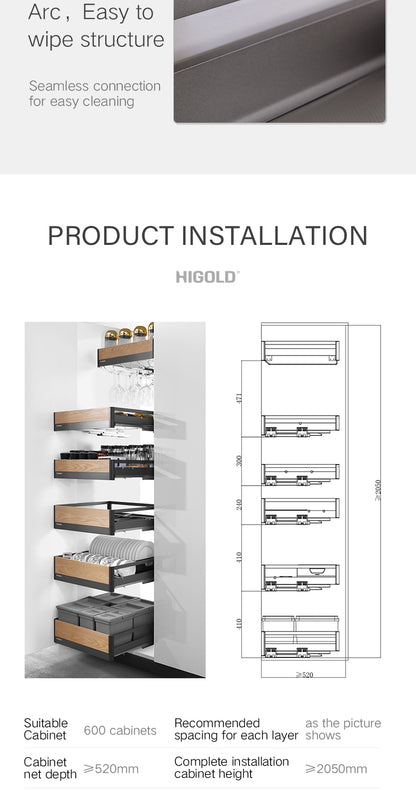 HIGOLD Functional Pull Basket Multi-layer Pull Out Basket 600mm Storage Rack High-end Can Store Wine Glasses Dishes