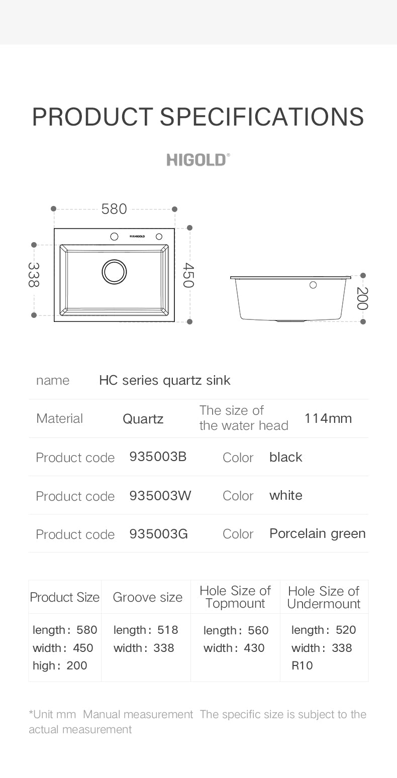 HIGOLD 400mm/500mm Kitchen Sink Quartz Square Sink Topmount Undermount Two Installation method or Kitchen Bar Sink