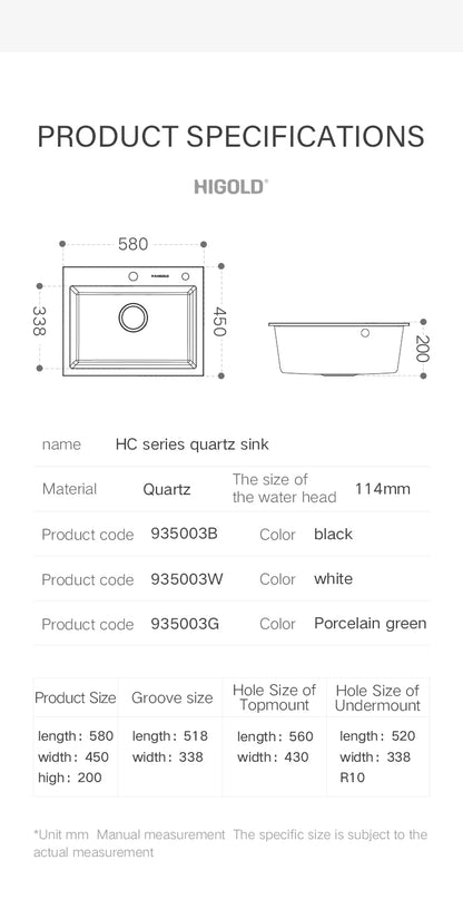 HIGOLD 400mm/500mm Kitchen Sink Quartz Square Sink Topmount Undermount Two Installation method or Kitchen Bar Sink