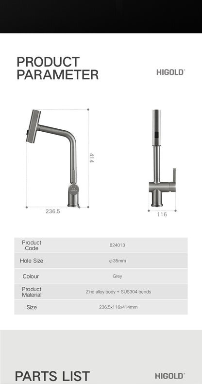 HIGOLD Waterfall Faucet 304 Stainless Steel Swivel Pull Out Rainscreen Rainfall Faucet Multi-Function Hot and Cold Water Faucet