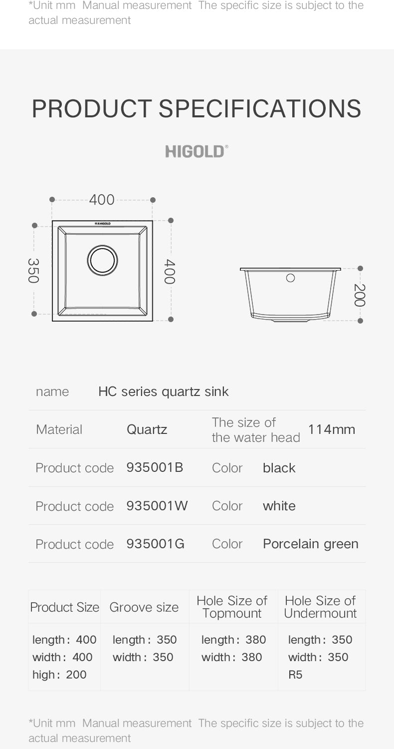 HIGOLD 400mm/500mm Kitchen Sink Quartz Square Sink Topmount Undermount Two Installation method or Kitchen Bar Sink