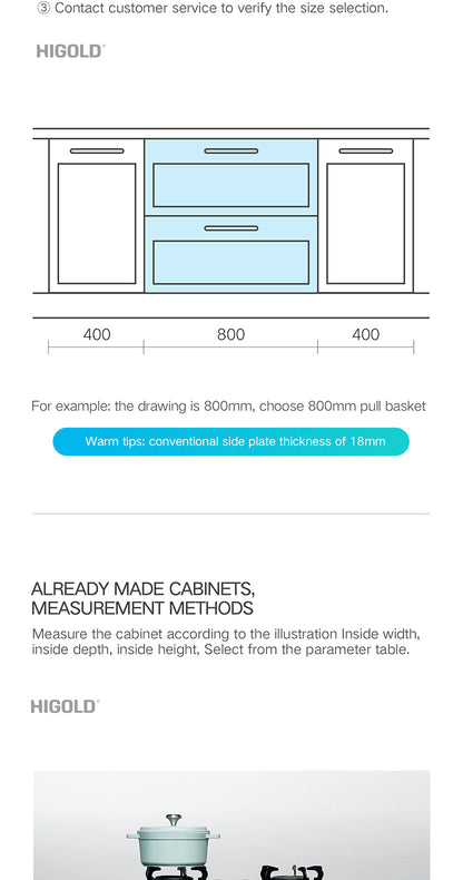 HIGOLD 600mm Kitchen Cabinet Basket Pull Drawer 800mm / 900mm 304 Stainless Steel Dish Storage Rack Combination Packages