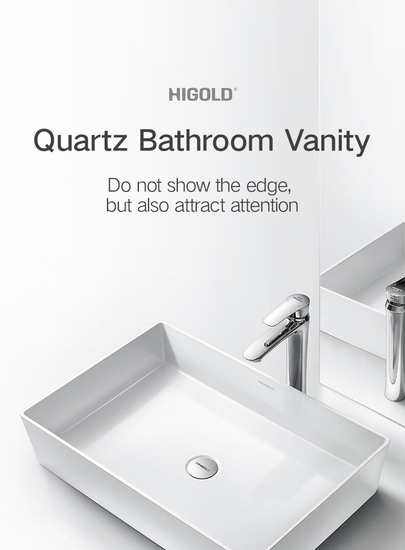 HIGOLD Rectangle Basin Sink Quartz Material Bathroom Vanity Washbasin White Hotel Style Support Custom OEM and ODM