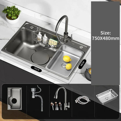 Large Multiple Size Black Grey Nano Kitchen Sink Thickened Wash Basin Single Bowl Topmount Undermount   Faucet Drain