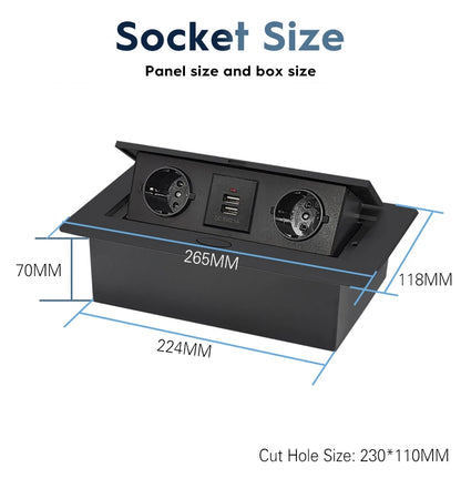 All Aluminum Panel EU Standard Hidden Type Table Socket 3 Way Electrical Outlet Modular Combination Power Three Outlet Household