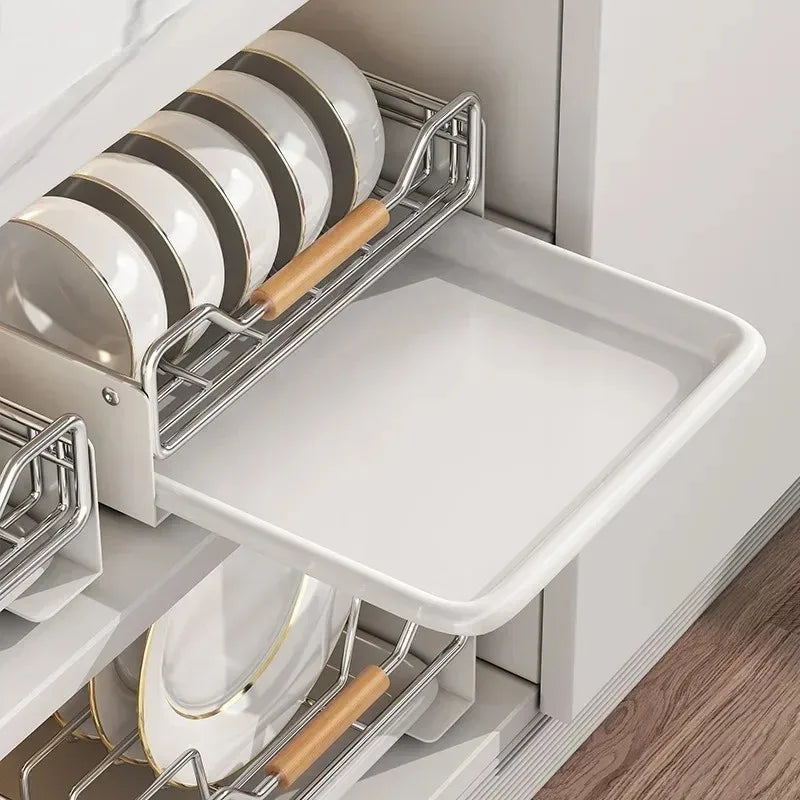 Stainless Steel Dish Storage Rack Kitchen Cabinet Built-in Rack Drawer-type Basket Pull-out Cupboard Tray Drain Bowl Rack