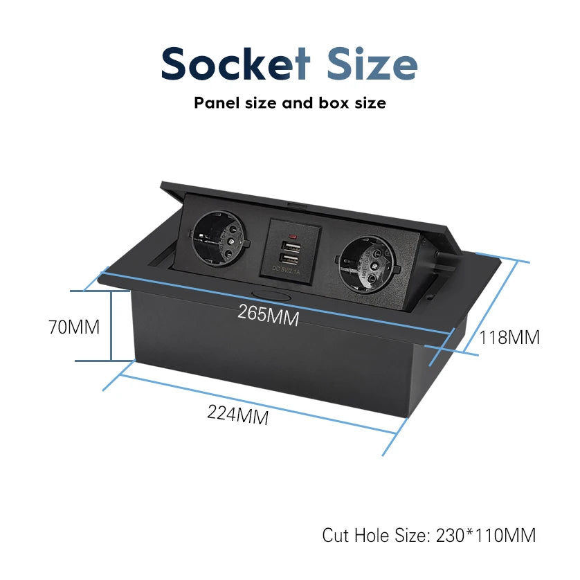 All Aluminum Panel EU Standard Hidden Type Table Socket 3 Way Electrical Outlet Modular Combination Power Three Outlet Household