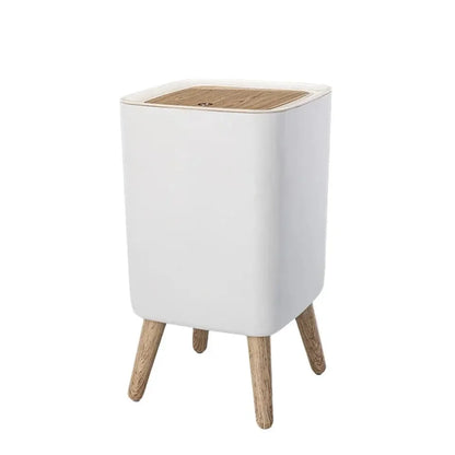 Trash Can with Lid Press Dustbin for Living Room Toilet Bathroom Kitchen Garbage Bucket High Foot Imitation Wood Rubbish Can