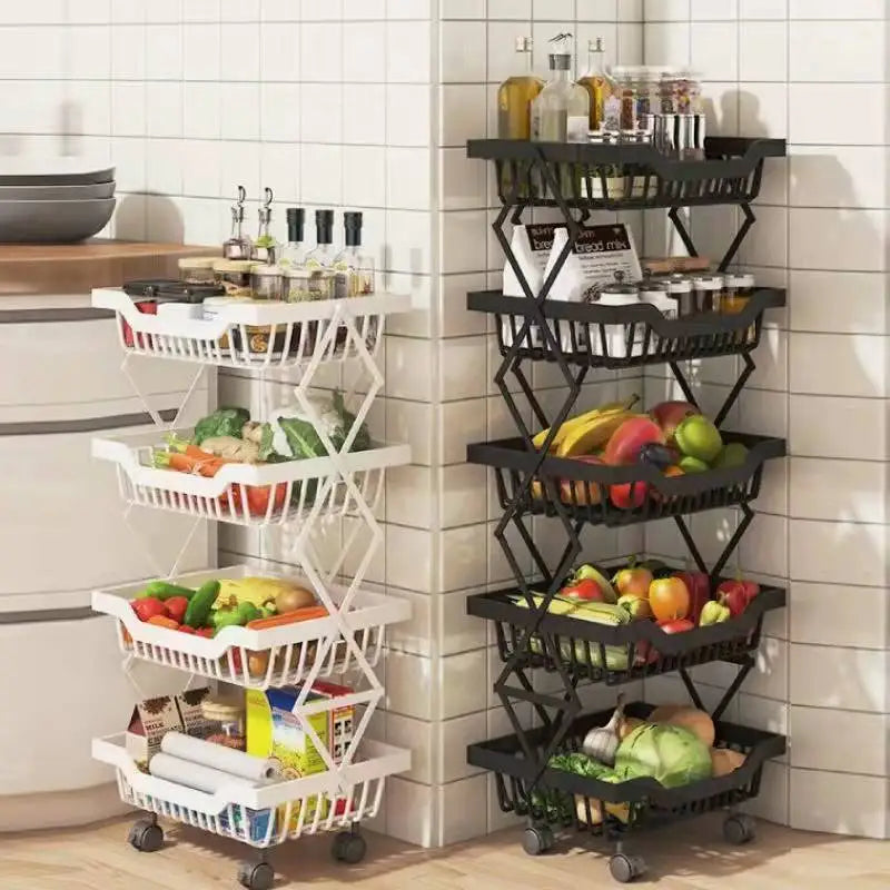 Degree Tier Stainless With Kitchen Vegetable Swivel Shelf Storage Shelf Wheels 360 Foldable Rack Fruit 5 Steel Floor Basket