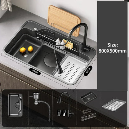 Large Multiple Size Black Grey Nano Kitchen Sink Thickened Wash Basin Single Bowl Topmount Undermount   Faucet Drain