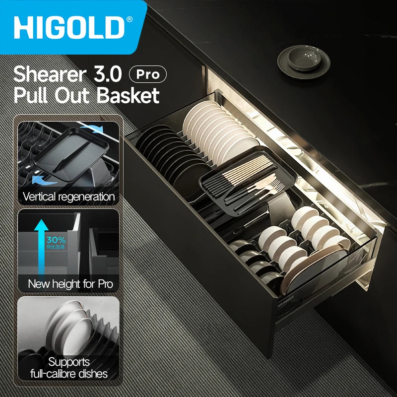 HIGOLD 3.0Pro Kitchen Pull Basket Divided Dishes And Baskets Glass Kitchen Dish Pull Basket