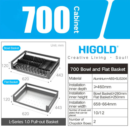 HIGOLD 500mm Cabinet Pull Basket Double Drawer With Dish Rack 304 Stainless Steel Kitchen Storage Dish Basket Premium Grey