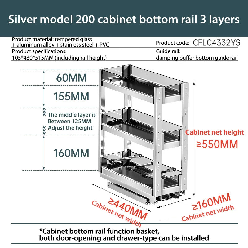 Kitchen Narrow Cabinet Drawer Condiments Seasoning Pull Basket Pull-Out Storage Rack Aluminum Alloy Narrow Cabinet Drawer Shelf