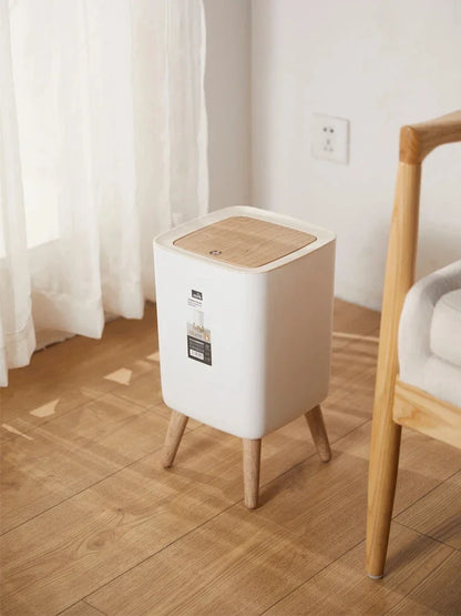 Trash Can with Lid Press Dustbin for Living Room Toilet Bathroom Kitchen Garbage Bucket High Foot Imitation Wood Rubbish Can