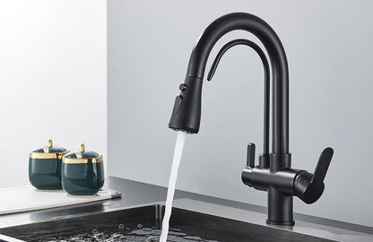 Black Filtered Crane For Kitchen Pull Out Spray 360 Rotation Water Filter Tap Three Ways Sink Mixer Kitchen Faucet