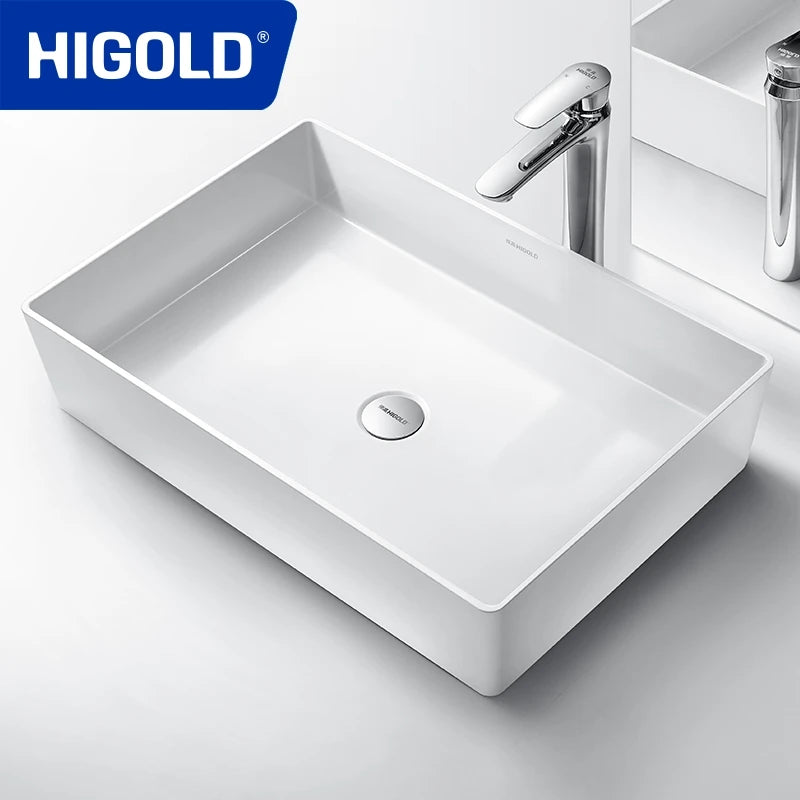 HIGOLD Rectangle Basin Sink Quartz Material Bathroom Vanity Washbasin White Hotel Style Support Custom OEM and ODM