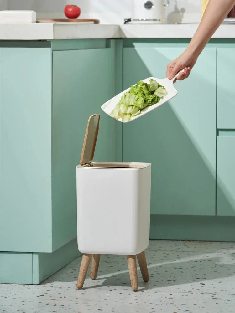 Trash Can with Lid Press Dustbin for Living Room Toilet Bathroom Kitchen Garbage Bucket High Foot Imitation Wood Rubbish Can