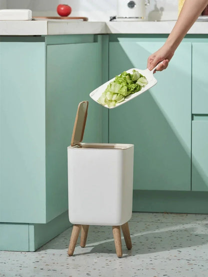 Trash Can with Lid Press Dustbin for Living Room Toilet Bathroom Kitchen Garbage Bucket High Foot Imitation Wood Rubbish Can