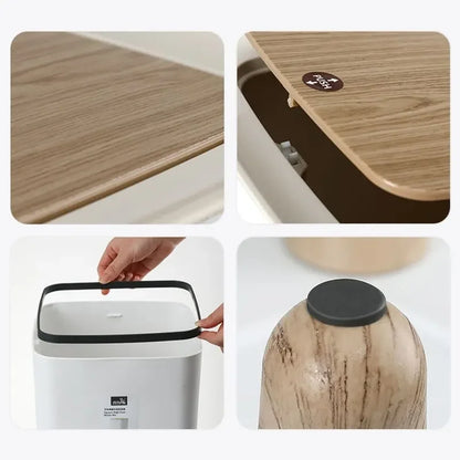 Trash Can with Lid Press Dustbin for Living Room Toilet Bathroom Kitchen Garbage Bucket High Foot Imitation Wood Rubbish Can