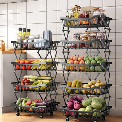 Degree Tier Stainless With Kitchen Vegetable Swivel Shelf Storage Shelf Wheels 360 Foldable Rack Fruit 5 Steel Floor Basket