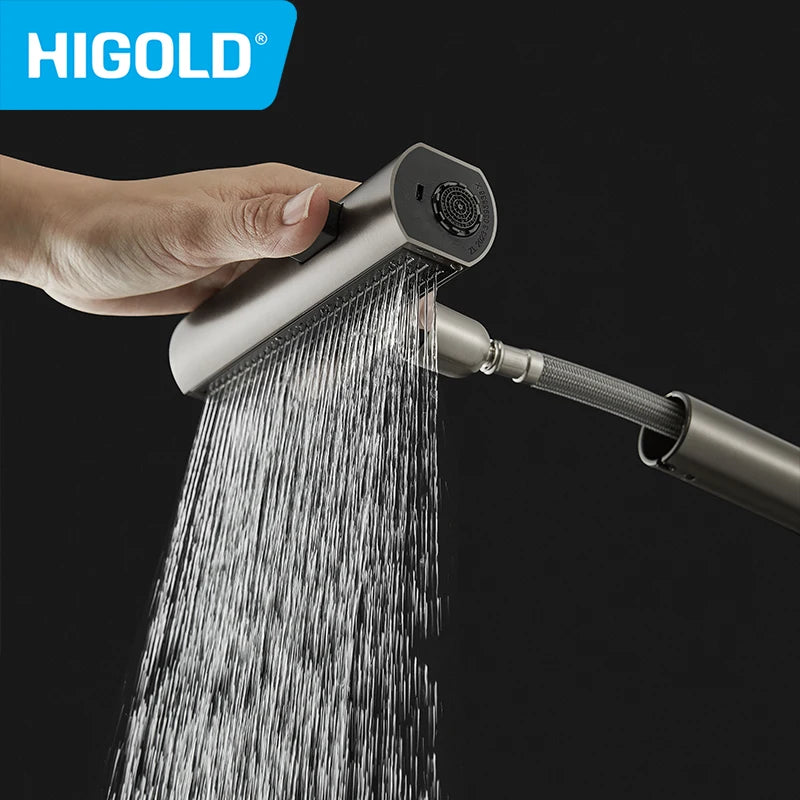 HIGOLD Waterfall Faucet 304 Stainless Steel Swivel Pull Out Rainscreen Rainfall Faucet Multi-Function Hot and Cold Water Faucet