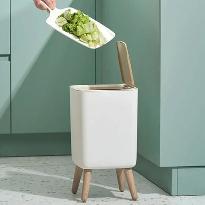 Trash Can with Lid Press Dustbin for Living Room Toilet Bathroom Kitchen Garbage Bucket High Foot Imitation Wood Rubbish Can