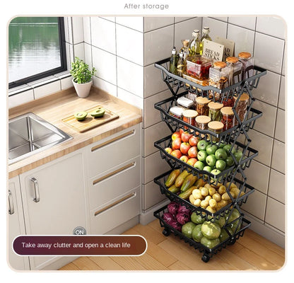 Degree Tier Stainless With Kitchen Vegetable Swivel Shelf Storage Shelf Wheels 360 Foldable Rack Fruit 5 Steel Floor Basket