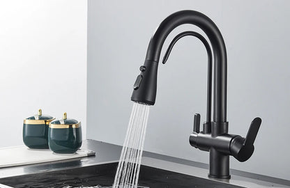 Black Filtered Crane For Kitchen Pull Out Spray 360 Rotation Water Filter Tap Three Ways Sink Mixer Kitchen Faucet