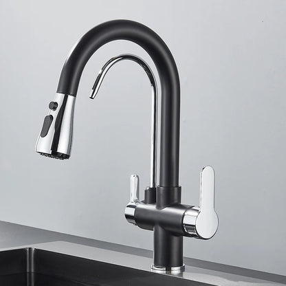 Black Filtered Crane For Kitchen Pull Out Spray 360 Rotation Water Filter Tap Three Ways Sink Mixer Kitchen Faucet