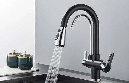 Black Filtered Crane For Kitchen Pull Out Spray 360 Rotation Water Filter Tap Three Ways Sink Mixer Kitchen Faucet