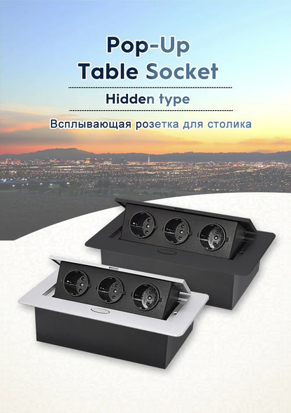 All Aluminum Panel EU Standard Hidden Type Table Socket 3 Way Electrical Outlet Modular Combination Power Three Outlet Household