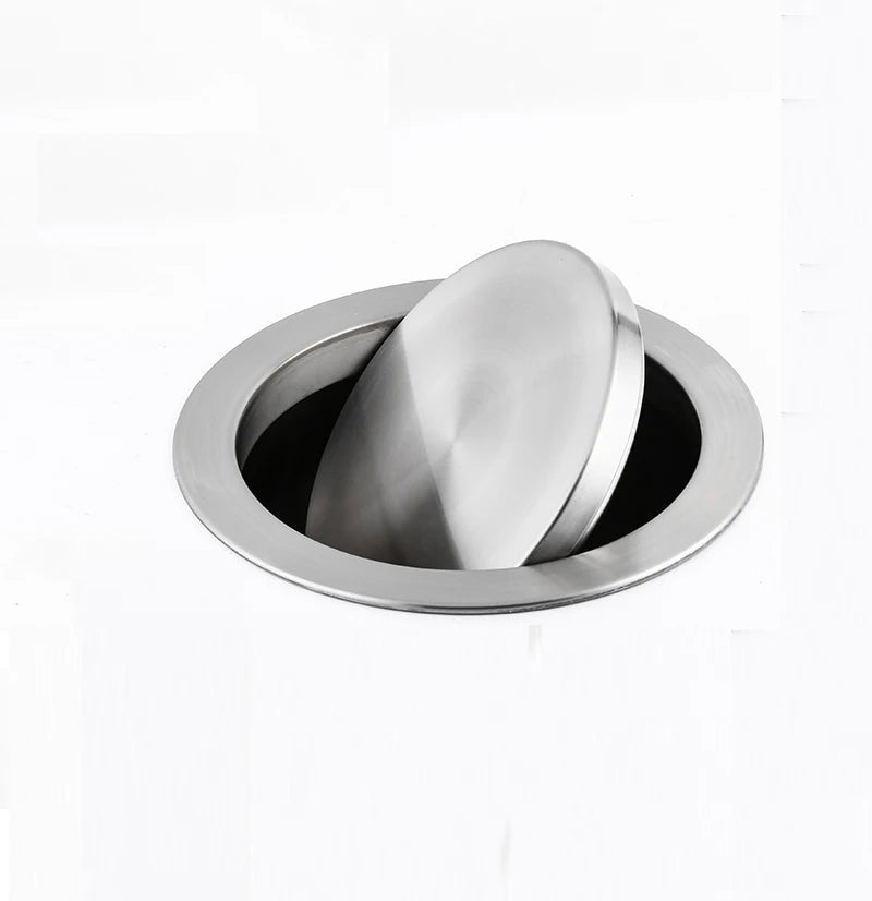 Round Stainless Steel Flap Flush Recessed Built-in Balance Swing Flap Lid Cover Trash Bin Garbage Can Kitchen Counter Top