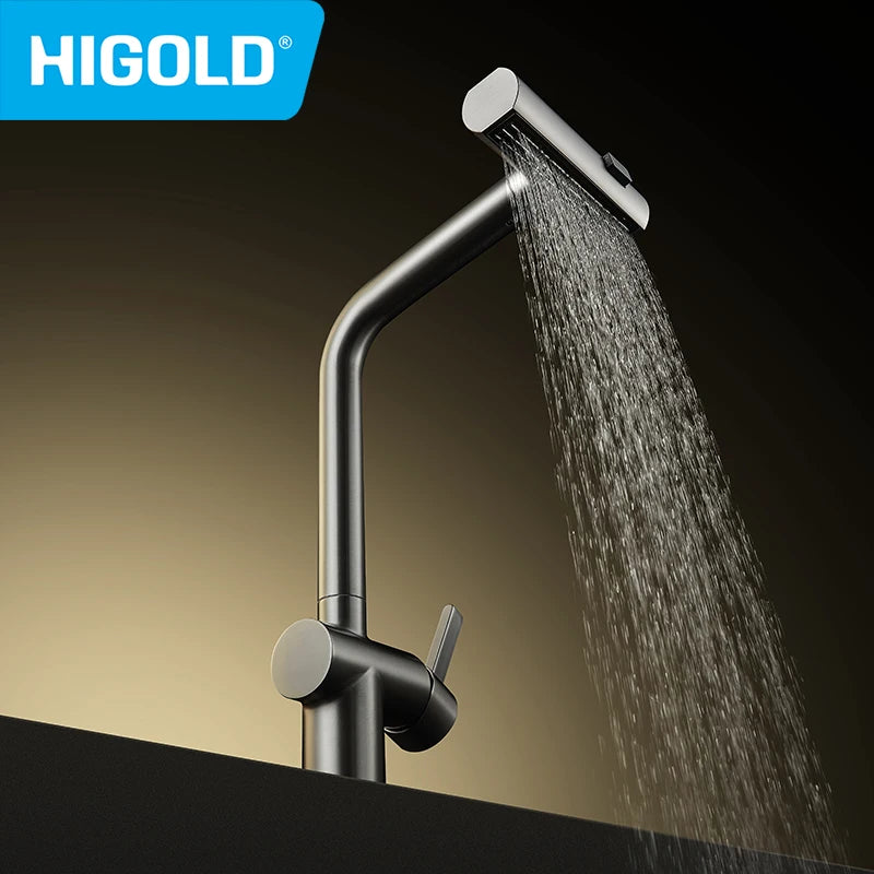 HIGOLD Waterfall Faucet 304 Stainless Steel Swivel Pull Out Rainscreen Rainfall Faucet Multi-Function Hot and Cold Water Faucet