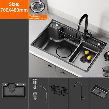 Large Multiple Size Black Grey Nano Kitchen Sink Thickened Wash Basin Single Bowl Topmount Undermount   Faucet Drain