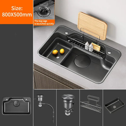 Large Multiple Size Black Grey Nano Kitchen Sink Thickened Wash Basin Single Bowl Topmount Undermount   Faucet Drain