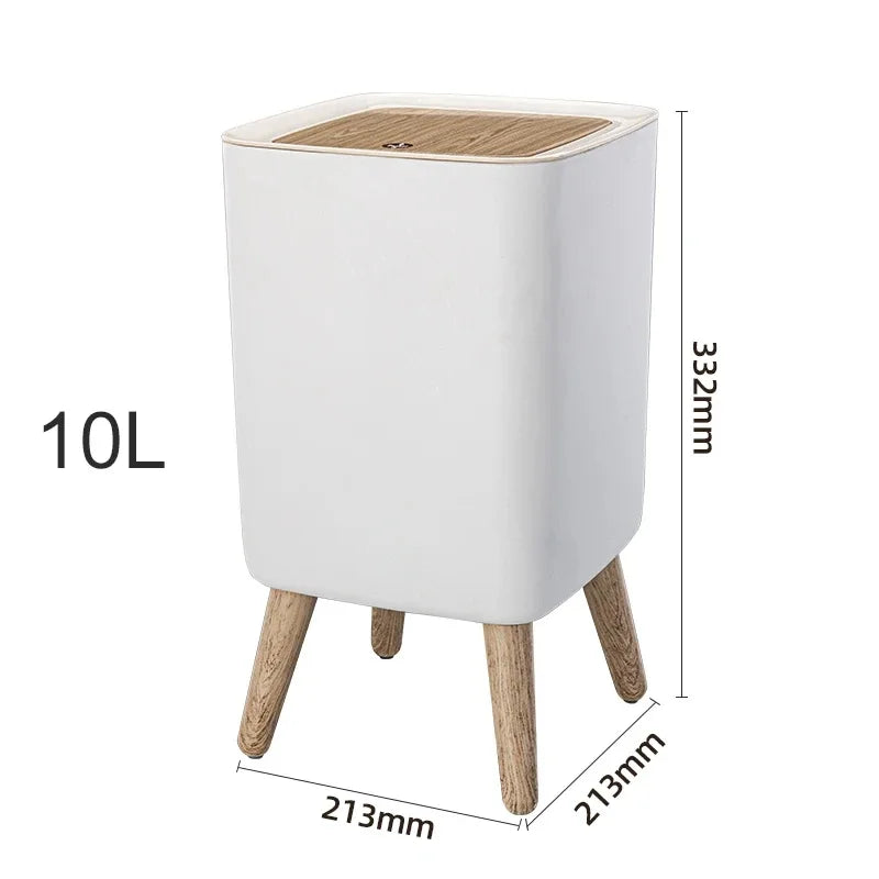 Trash Can with Lid Press Dustbin for Living Room Toilet Bathroom Kitchen Garbage Bucket High Foot Imitation Wood Rubbish Can