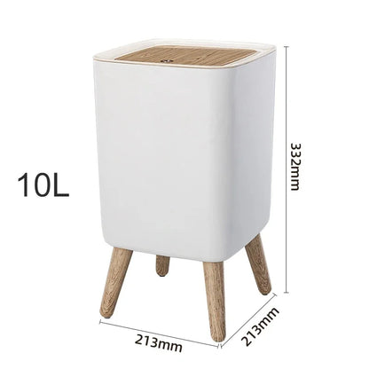 Trash Can with Lid Press Dustbin for Living Room Toilet Bathroom Kitchen Garbage Bucket High Foot Imitation Wood Rubbish Can