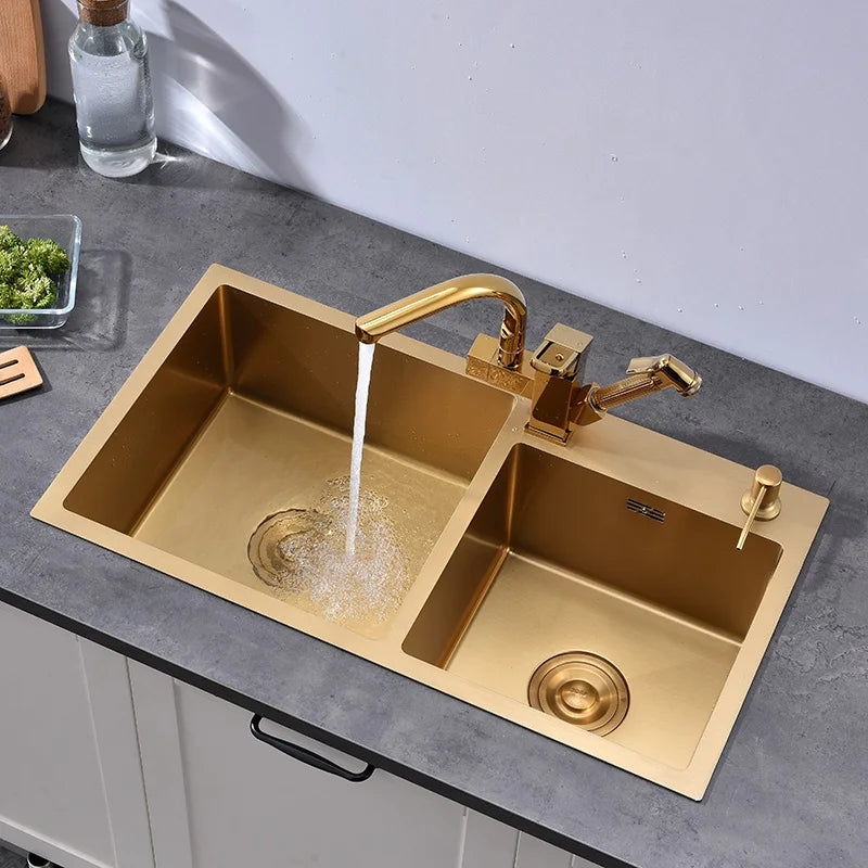 Gold Kitchen Sink Above Counter or Undermount double Bowl Goldn Basket Drainer Soap Dispenser Washing Basin 304 Stainless Steel