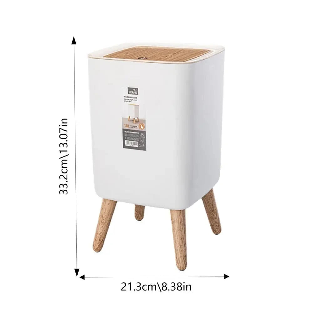 Trash Can with Lid Press Dustbin for Living Room Toilet Bathroom Kitchen Garbage Bucket High Foot Imitation Wood Rubbish Can