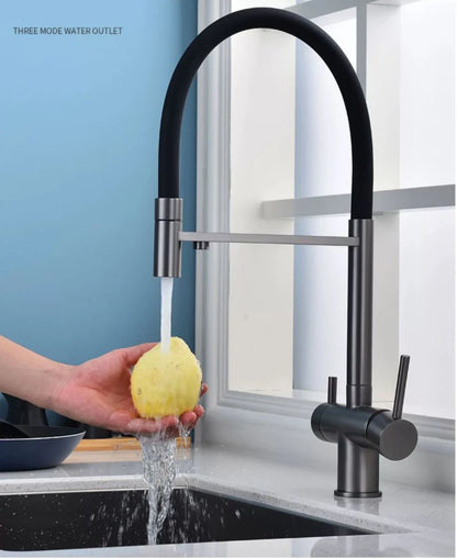 304 Stainless Steel Kitchen Faucet, Sink Hot and Cold Water 3 in 1 Faucet Silicone Hose Three Modes 60cm Stretch Faucet