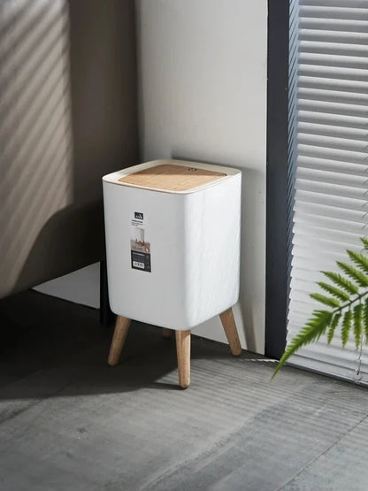 Trash Can with Lid Press Dustbin for Living Room Toilet Bathroom Kitchen Garbage Bucket High Foot Imitation Wood Rubbish Can