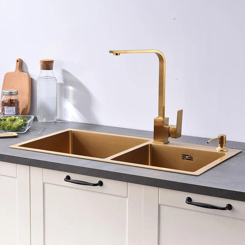 Gold Kitchen Sink Above Counter or Undermount double Bowl Goldn Basket Drainer Soap Dispenser Washing Basin 304 Stainless Steel