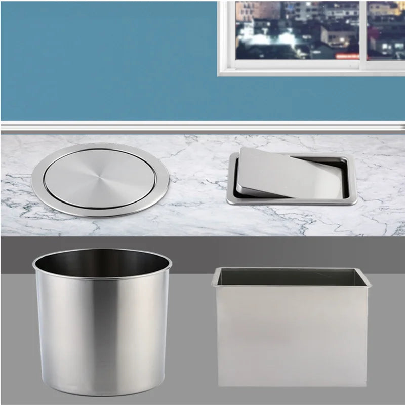 Round Stainless Steel Flap Flush Recessed Built-in Balance Swing Flap Lid Cover Trash Bin Garbage Can Kitchen Counter Top