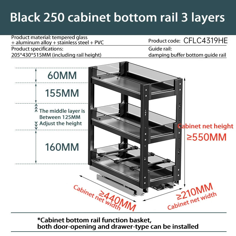 Kitchen Narrow Cabinet Drawer Condiments Seasoning Pull Basket Pull-Out Storage Rack Aluminum Alloy Narrow Cabinet Drawer Shelf