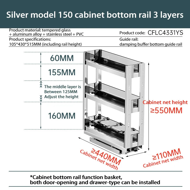 Kitchen Narrow Cabinet Drawer Condiments Seasoning Pull Basket Pull-Out Storage Rack Aluminum Alloy Narrow Cabinet Drawer Shelf