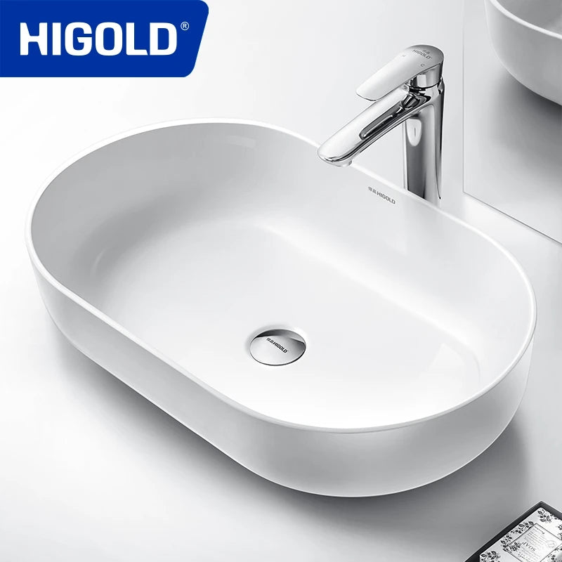 HIGOLD 600mm Basin Sink Oval Bathroom Wash Sink Topmount Installation White European Style Hotel Bathroom Cabinet Washbasin