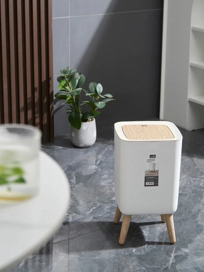 Trash Can with Lid Press Dustbin for Living Room Toilet Bathroom Kitchen Garbage Bucket High Foot Imitation Wood Rubbish Can